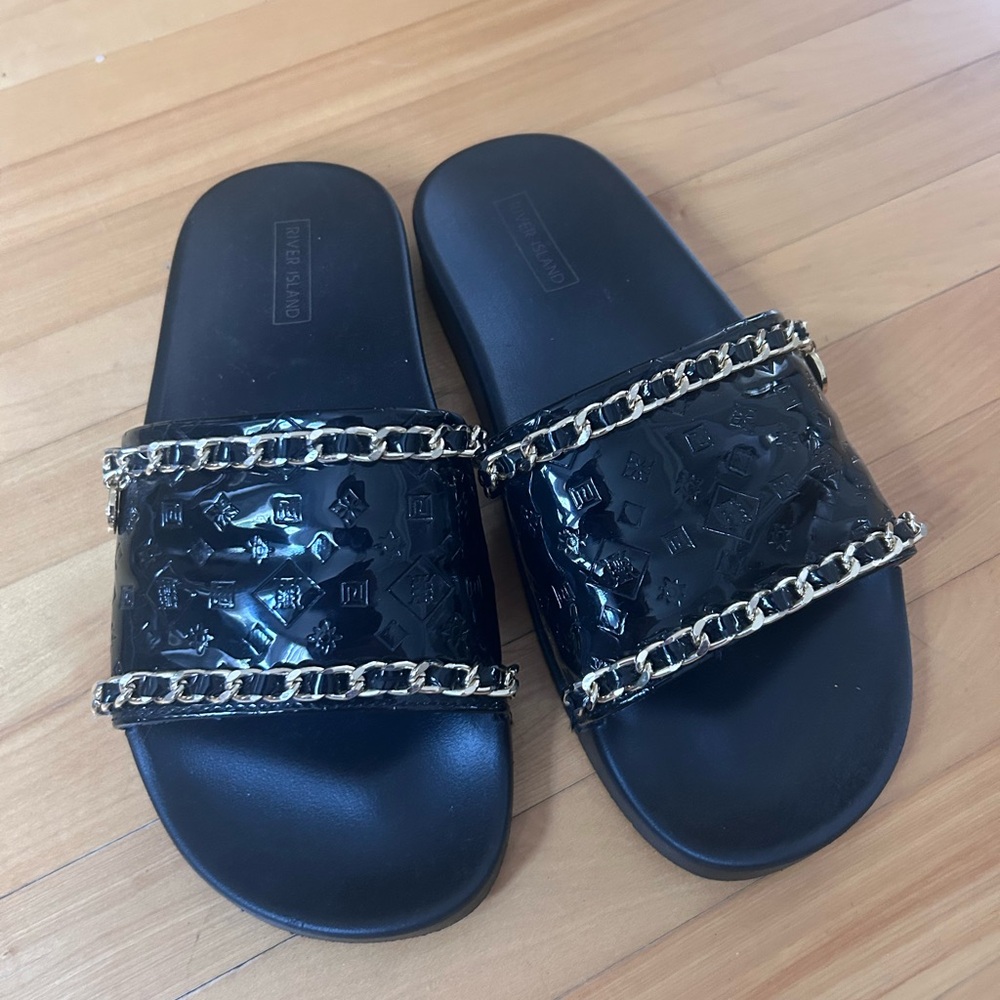 Black Slide Sandals with Gold Details